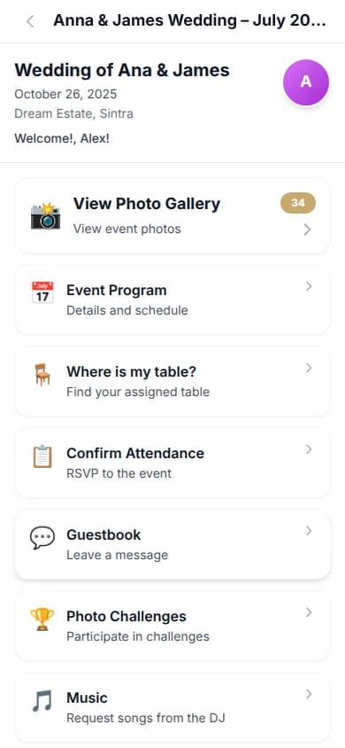 Momentzy event hub showing all feature cards