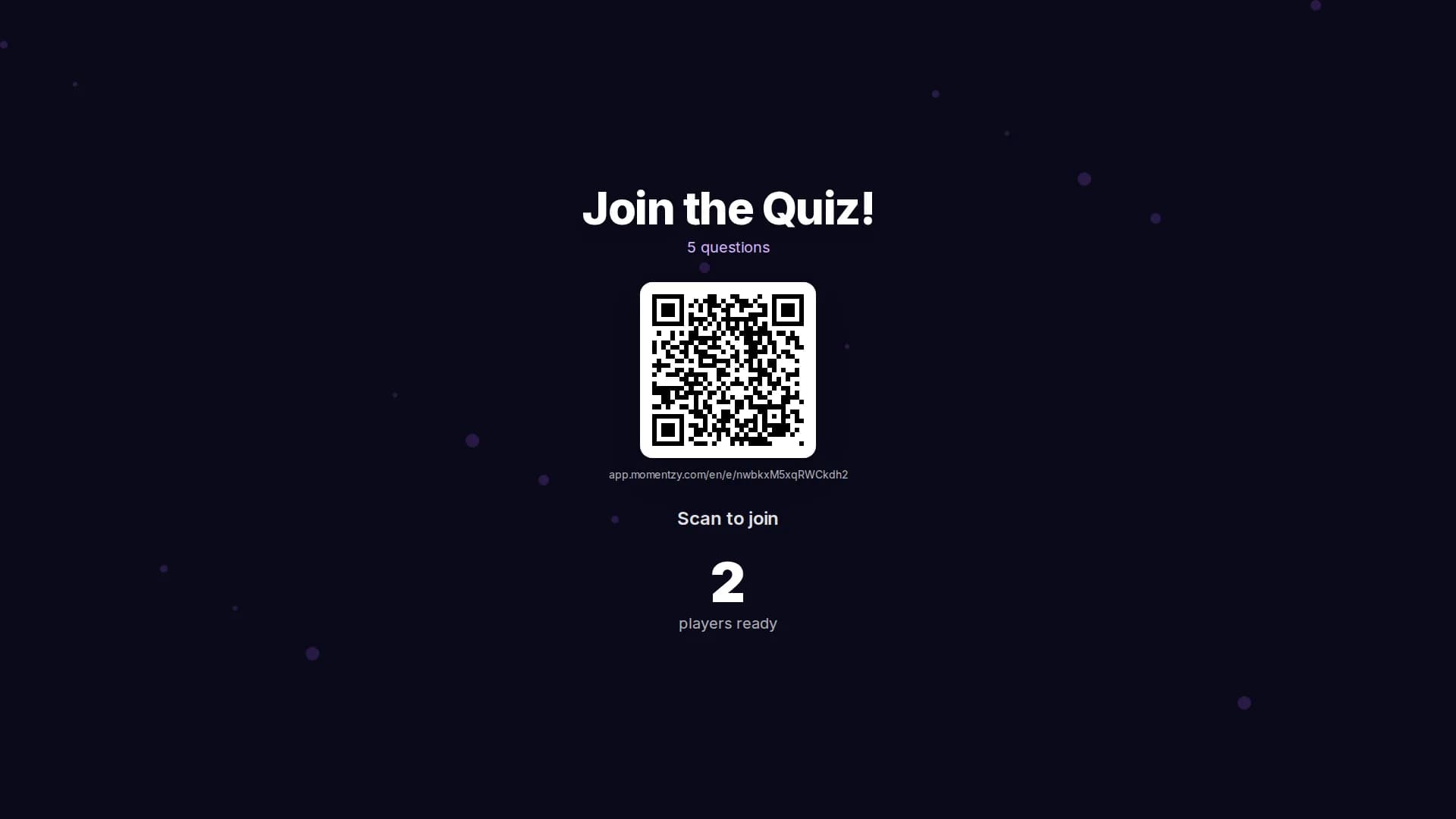 Momentzy quiz lobby on projector – scan QR to join